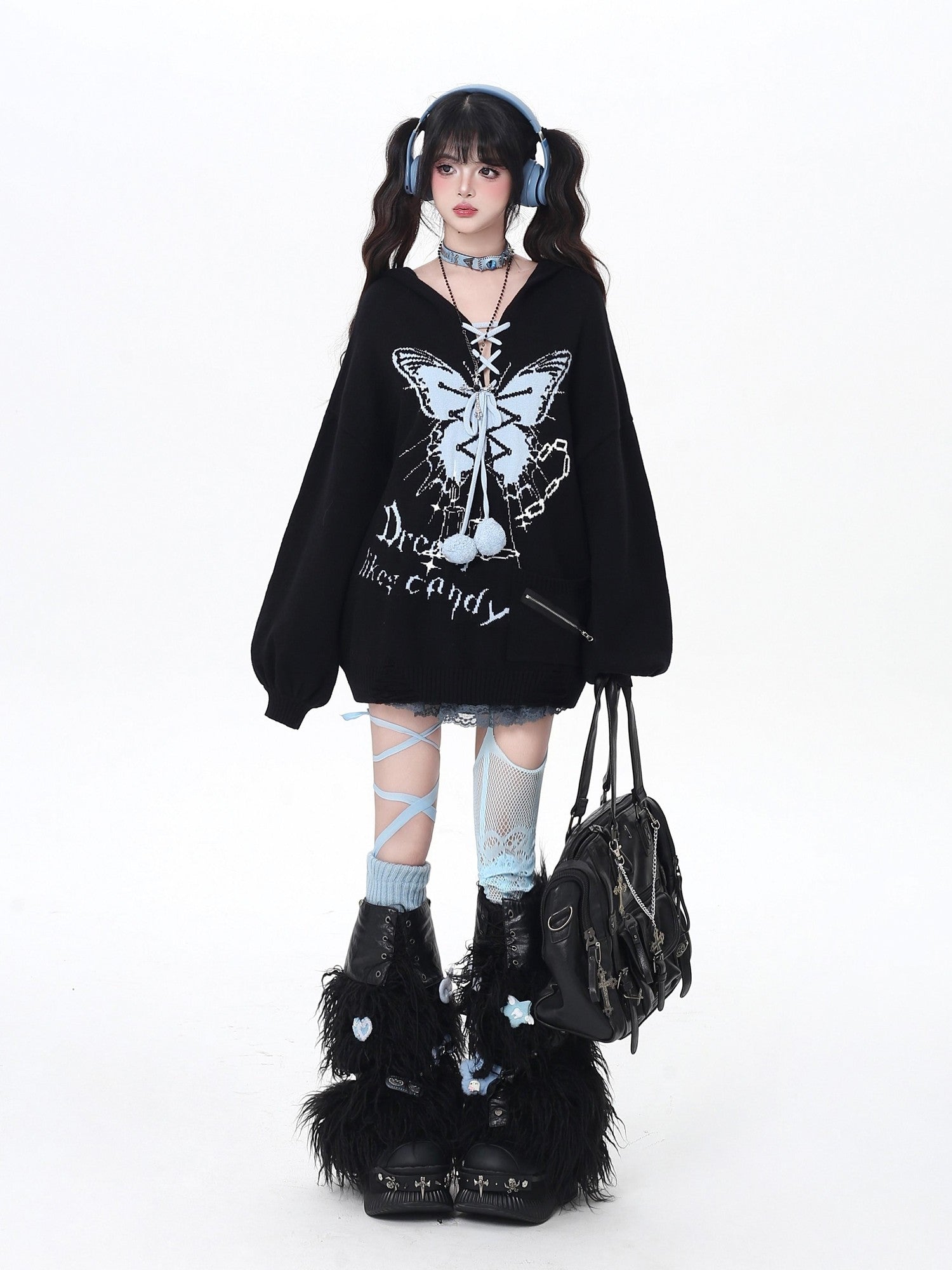 CRAZYGIRL Hooded V-neck Lantern Sleeve Loose Butterfly Print Bow Women's Sweaters