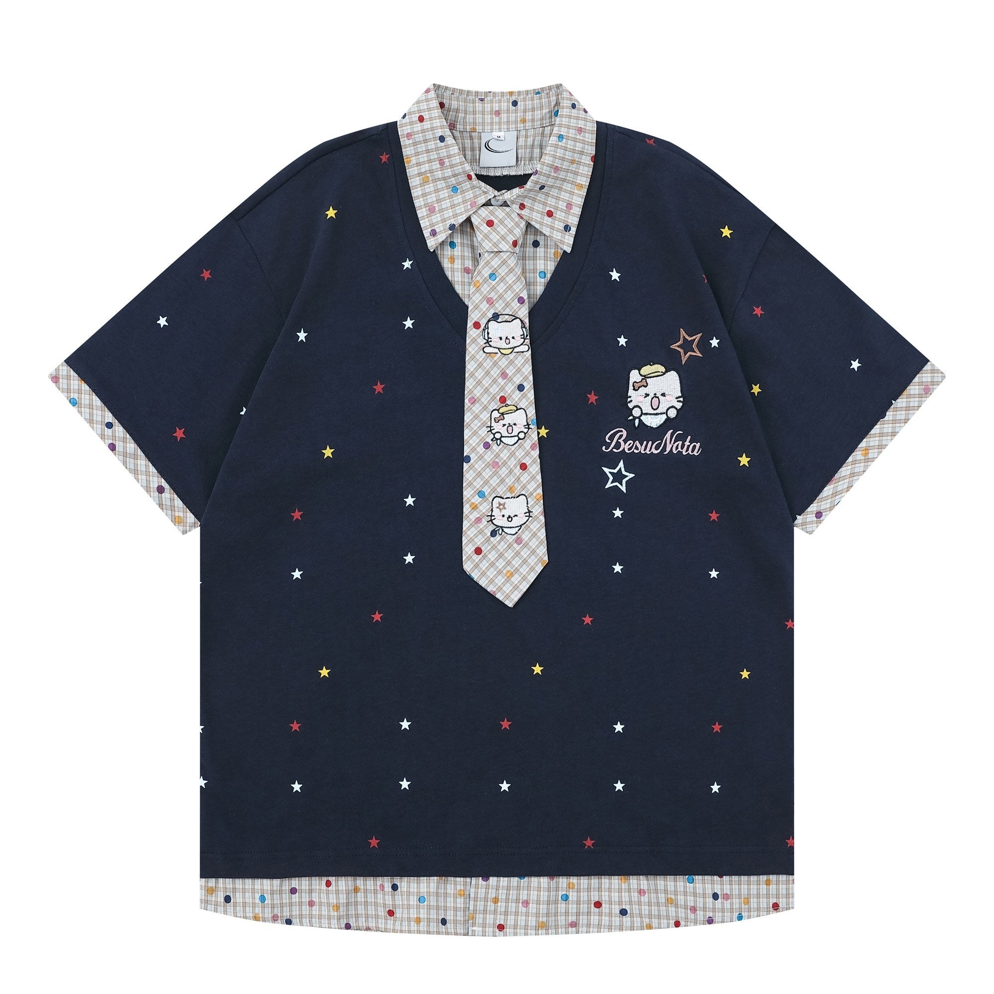 CRAZYGIRL_Japanese_School_Checked_Kt_Embroidered_Faux_Layer_Women's_Short_Sleeve_T-shirts_1053878275003_MISSTT