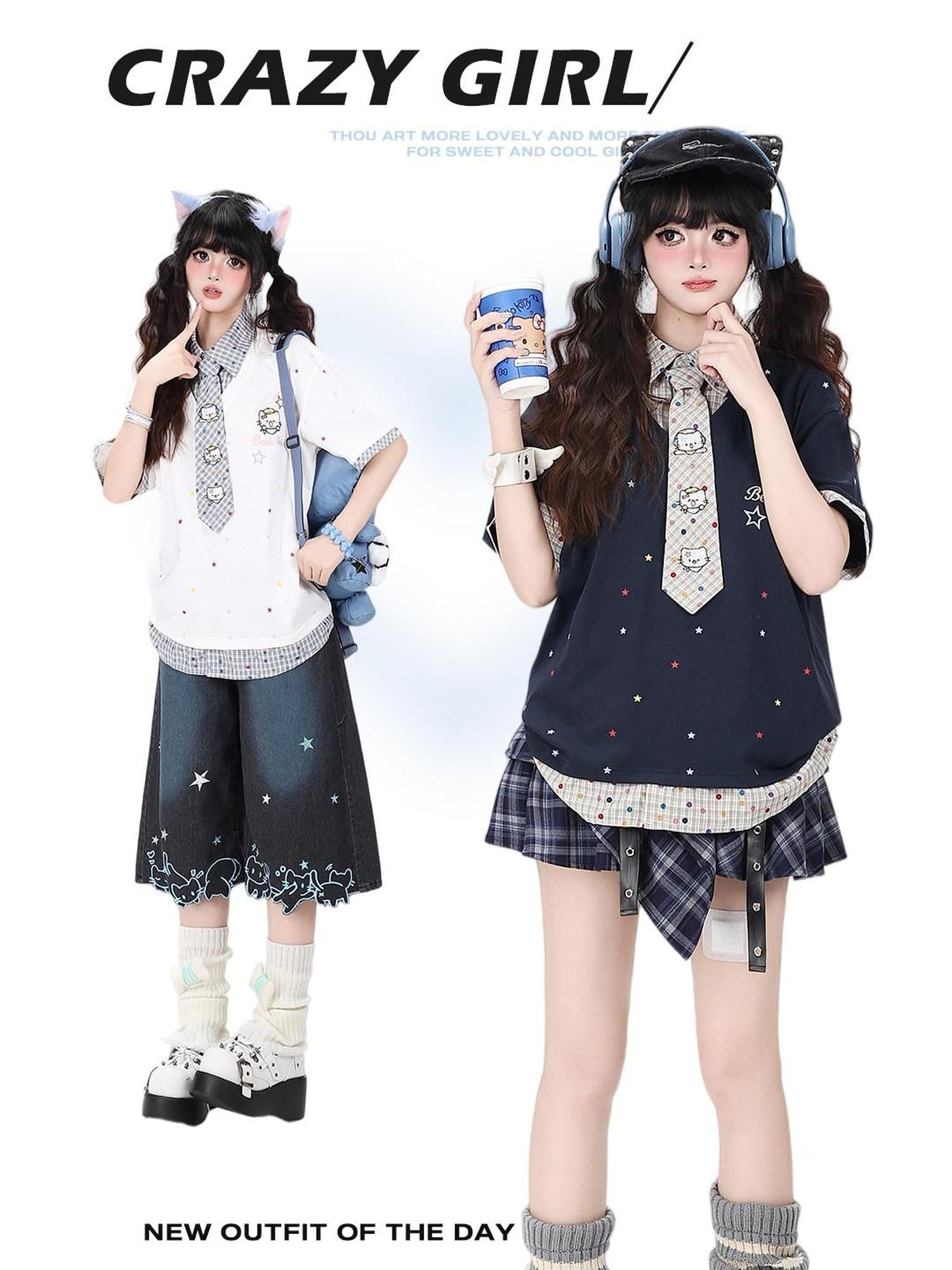 CRAZYGIRL Japanese School Checked Kt Embroidered Faux Layer Women's Short Sleeve T-shirts