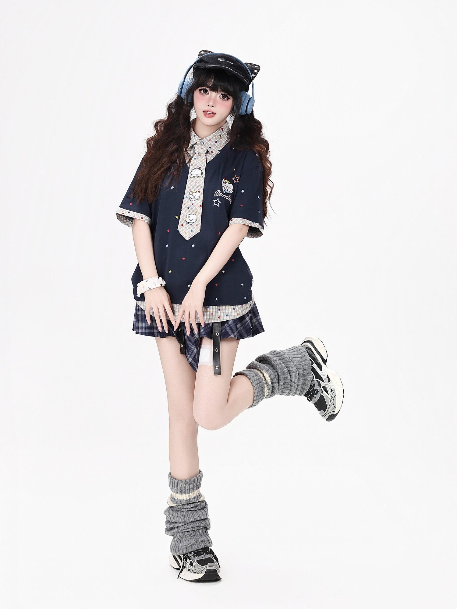 CRAZYGIRL Japanese School Checked Kt Embroidered Faux Layer Women's Short Sleeve T-shirts