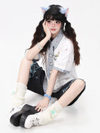 CRAZYGIRL Japanese School Checked Kt Embroidered Faux Layer Women's Short Sleeve T-shirts