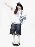 CRAZYGIRL Japanese School Checked Kt Embroidered Faux Layer Women's Short Sleeve T-shirts