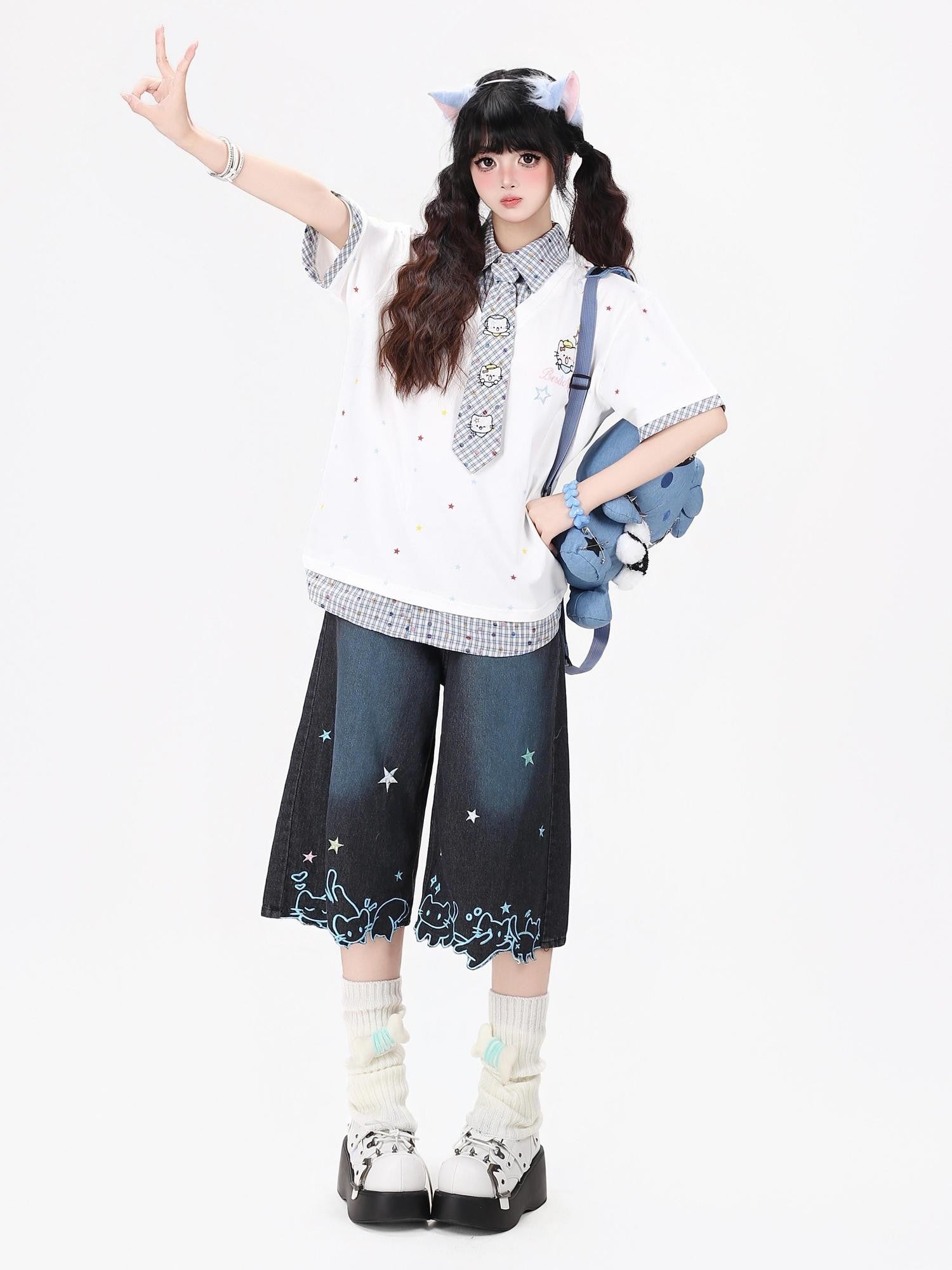 CRAZYGIRL Japanese School Checked Kt Embroidered Faux Layer Women's Short Sleeve T-shirts
