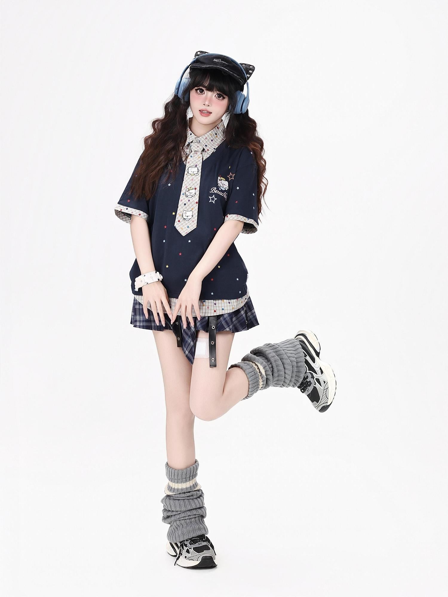 CRAZYGIRL Japanese School Checked Kt Embroidered Faux Layer Women's Short Sleeve T-shirts