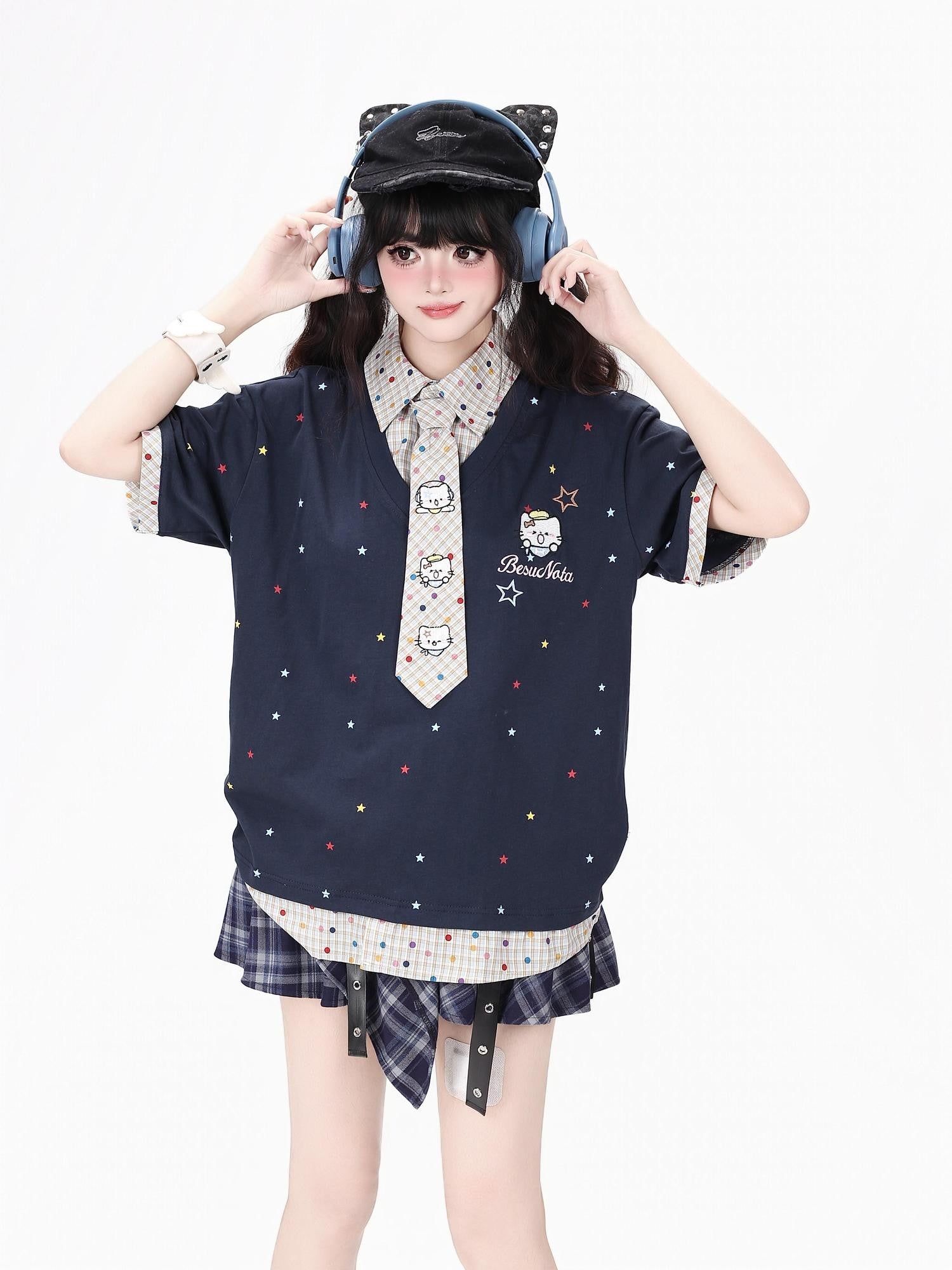 CRAZYGIRL Japanese School Checked Kt Embroidered Faux Layer Women's Short Sleeve T-shirts