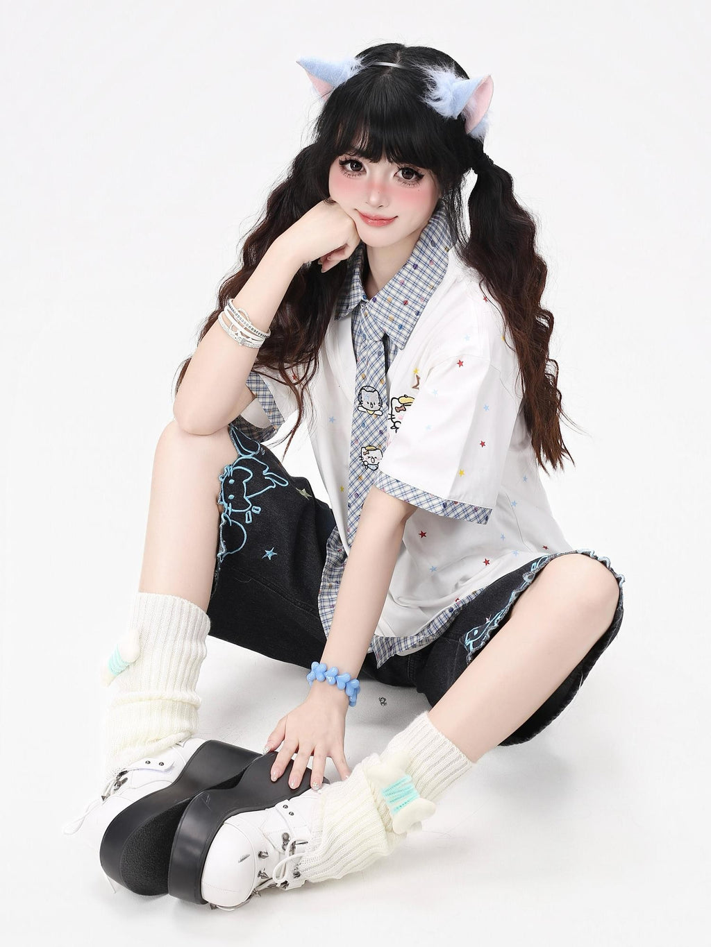 CRAZYGIRL Japanese School Checked Kt Embroidered Faux Layer Women's Short Sleeve T-shirts