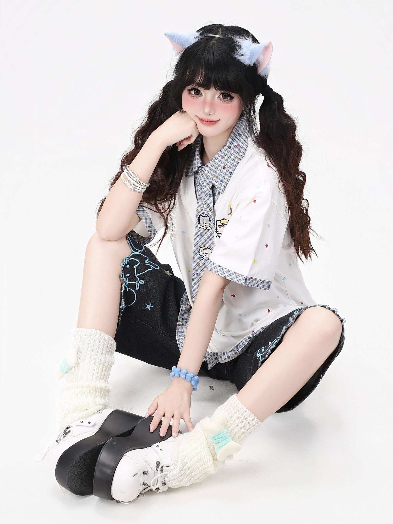 CRAZYGIRL Japanese School Checked Kt Embroidered Faux Layer Women's Short Sleeve T-shirts