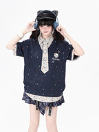 CRAZYGIRL Japanese School Checked Kt Embroidered Faux Layer Women's Short Sleeve T-shirts