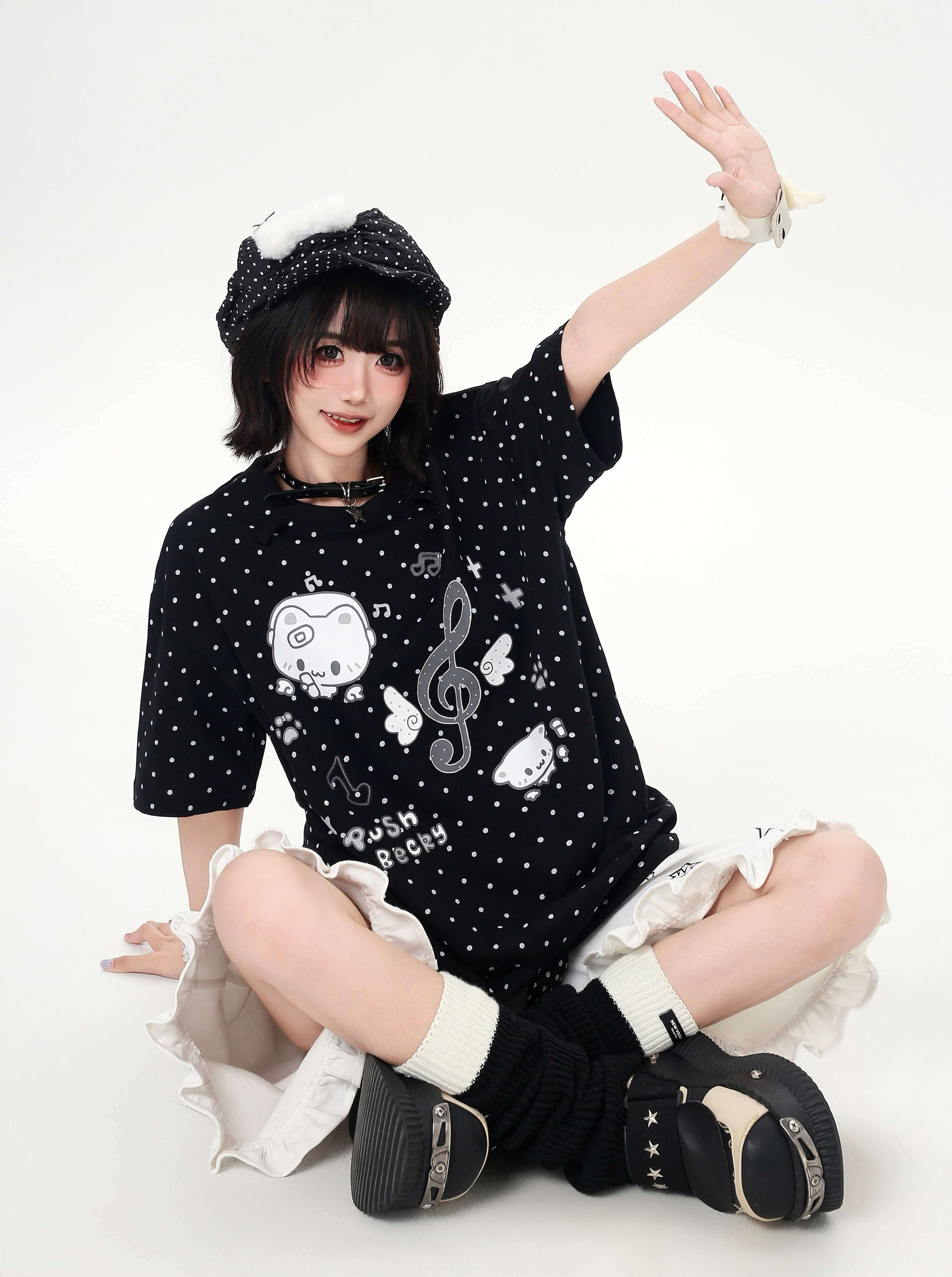 CRAZYGIRL_Kitten_Polka_Dot_Tie_Oversized_Crew_Neck_Women's_Short_Sleeve_T-shirts_1035276862802_MISSTT