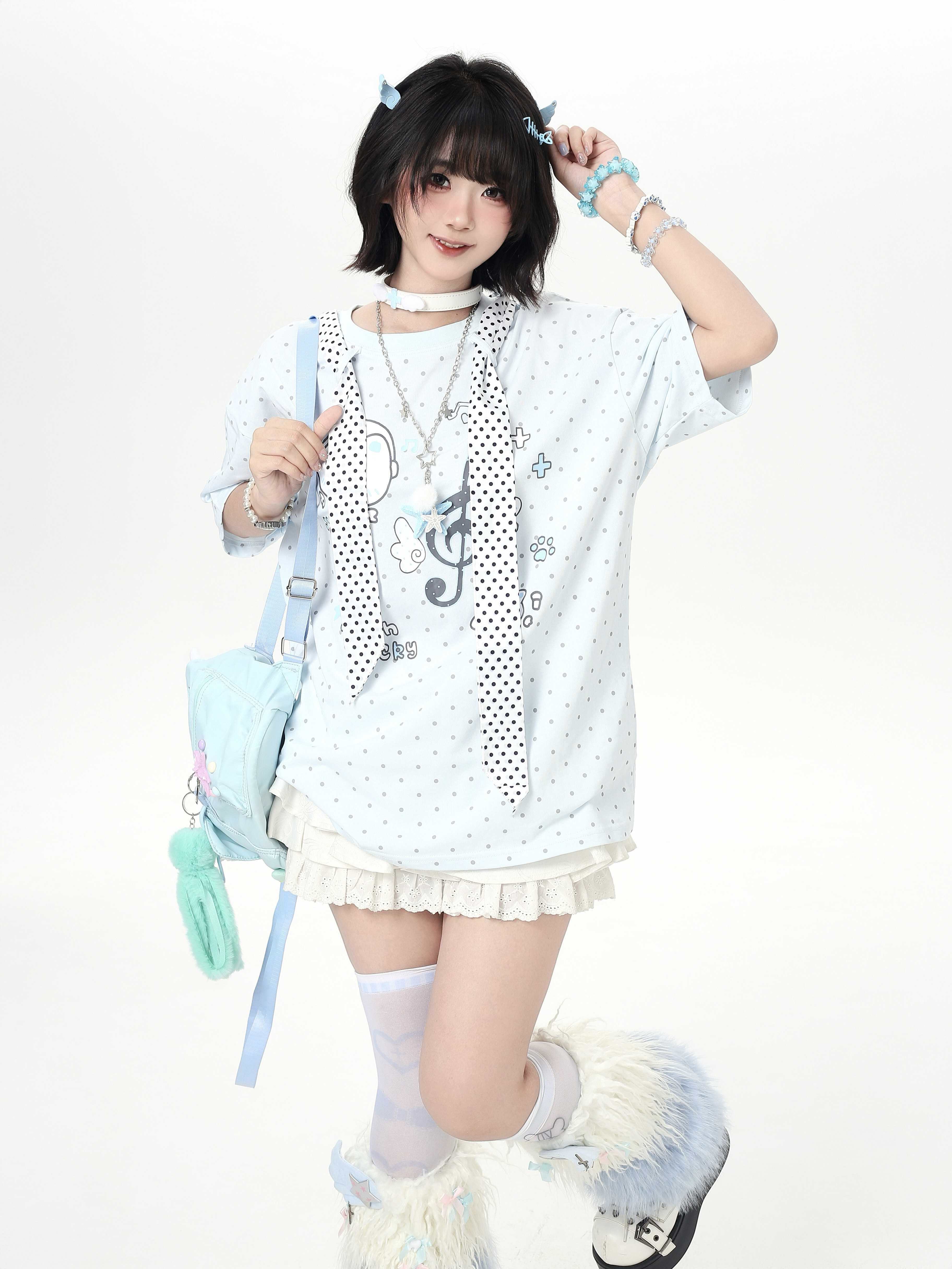 CRAZYGIRL_Kitten_Polka_Dot_Tie_Oversized_Crew_Neck_Women's_Short_Sleeve_T-shirts_1035276862802_MISSTT