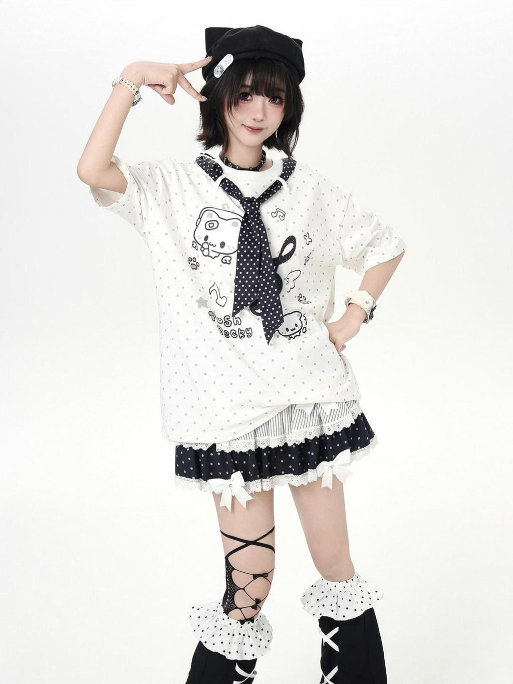 CRAZYGIRL Kitten Polka Dot Tie Oversized Crew Neck Women's Short Sleeve T-shirts