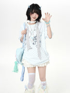 CRAZYGIRL Kitten Polka Dot Tie Oversized Crew Neck Women's Short Sleeve T-shirts