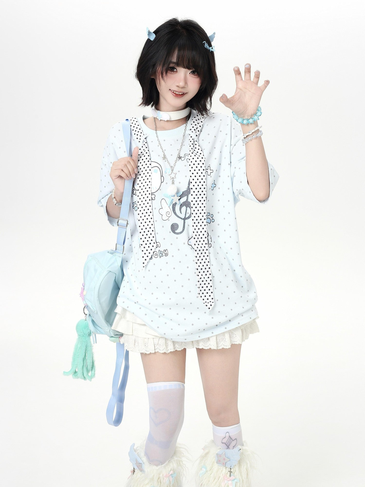 CRAZYGIRL Kitten Polka Dot Tie Oversized Crew Neck Women's Short Sleeve T-shirts