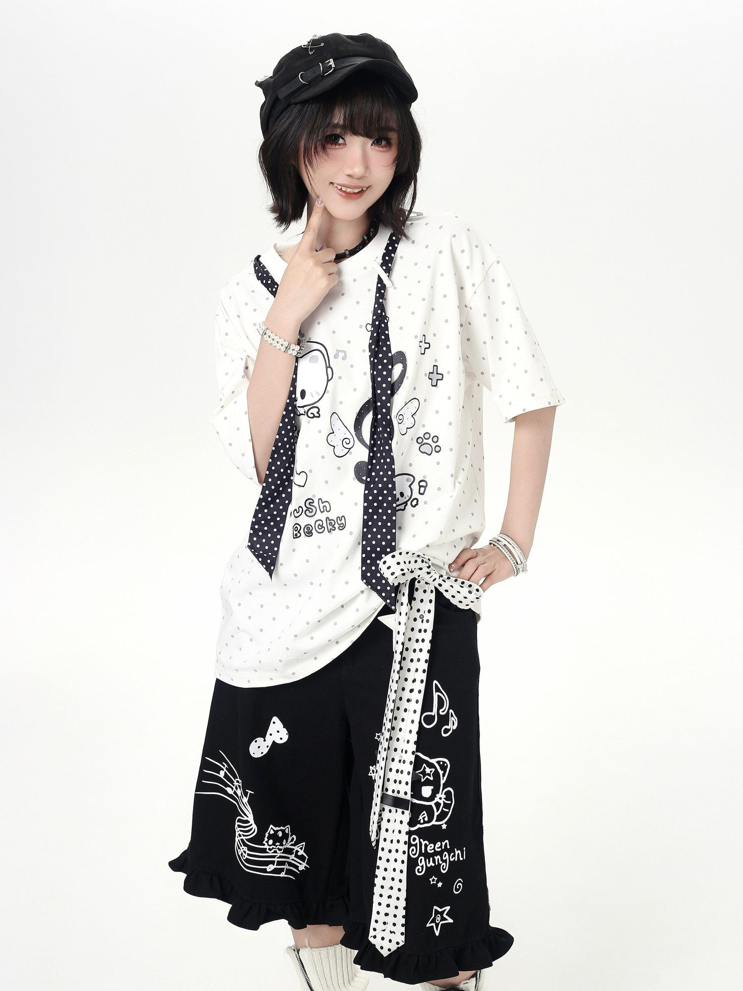 CRAZYGIRL Kitten Polka Dot Tie Oversized Crew Neck Women's Short Sleeve T-shirts