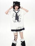 CRAZYGIRL Kitten Polka Dot Tie Oversized Crew Neck Women's Short Sleeve T-shirts