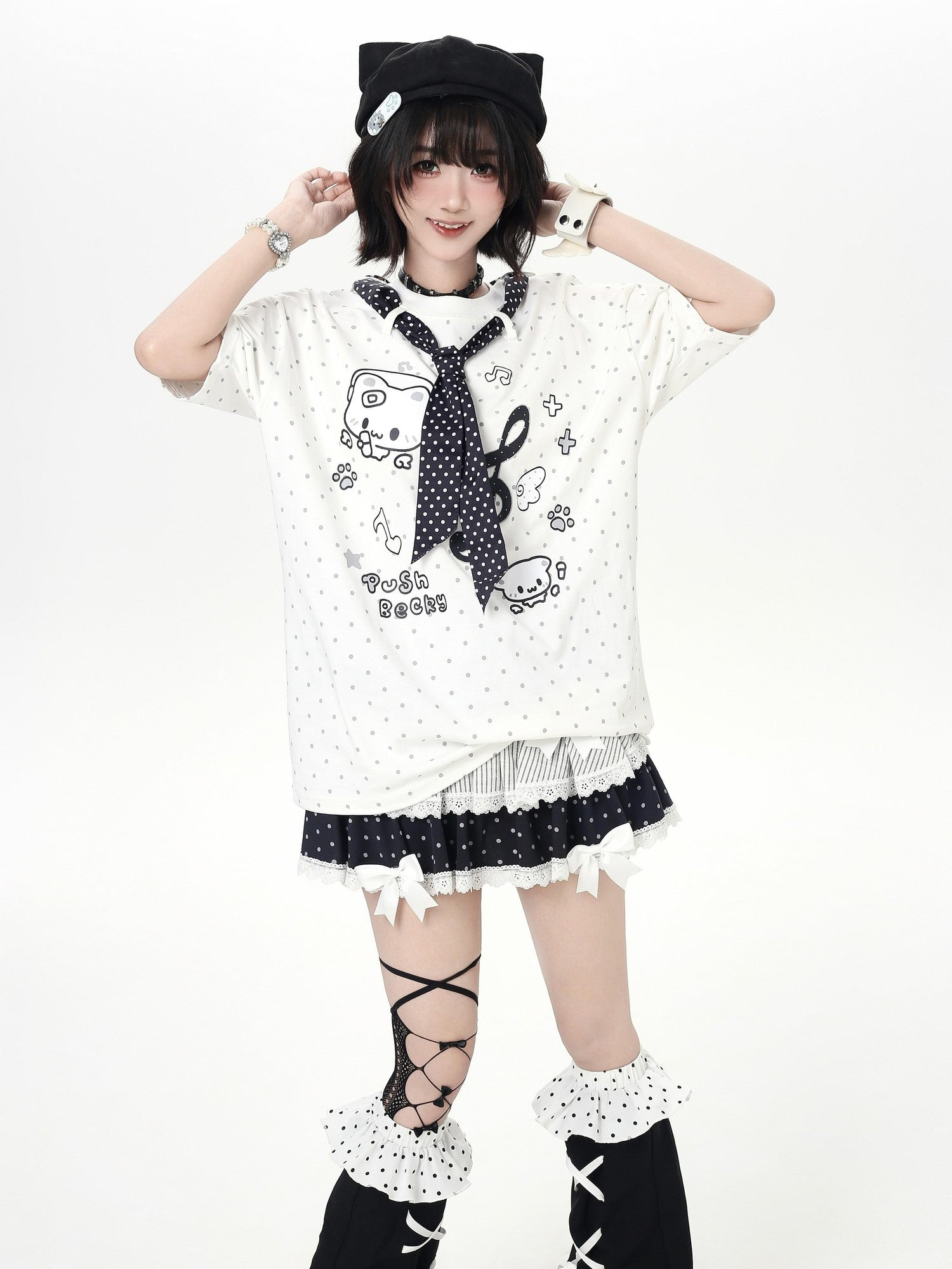 CRAZYGIRL Kitten Polka Dot Tie Oversized Crew Neck Women's Short Sleeve T-shirts
