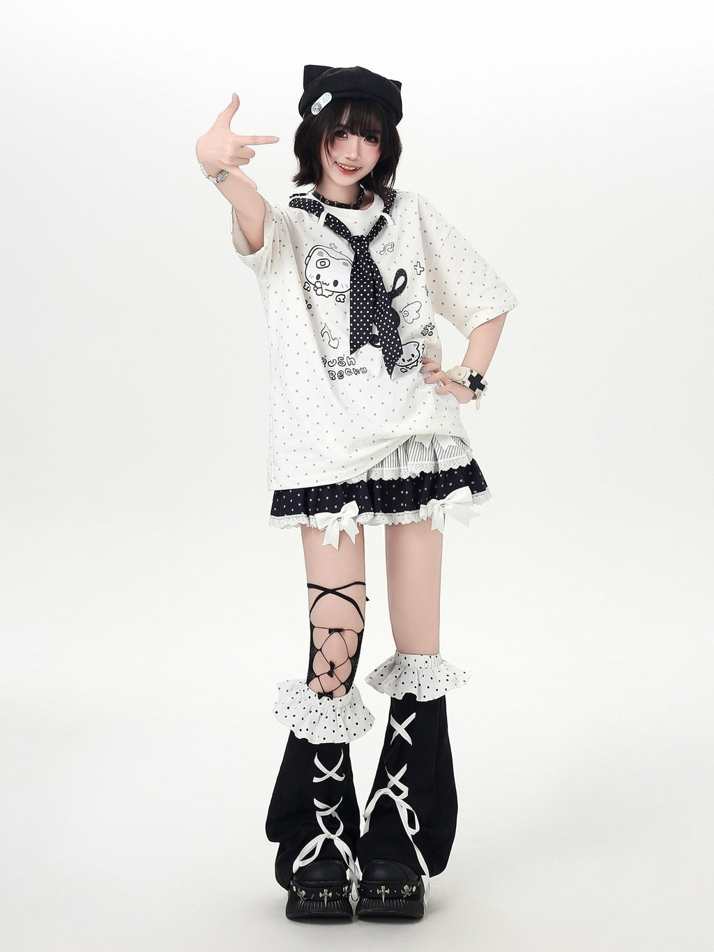 CRAZYGIRL Kitten Polka Dot Tie Oversized Crew Neck Women's Short Sleeve T-shirts