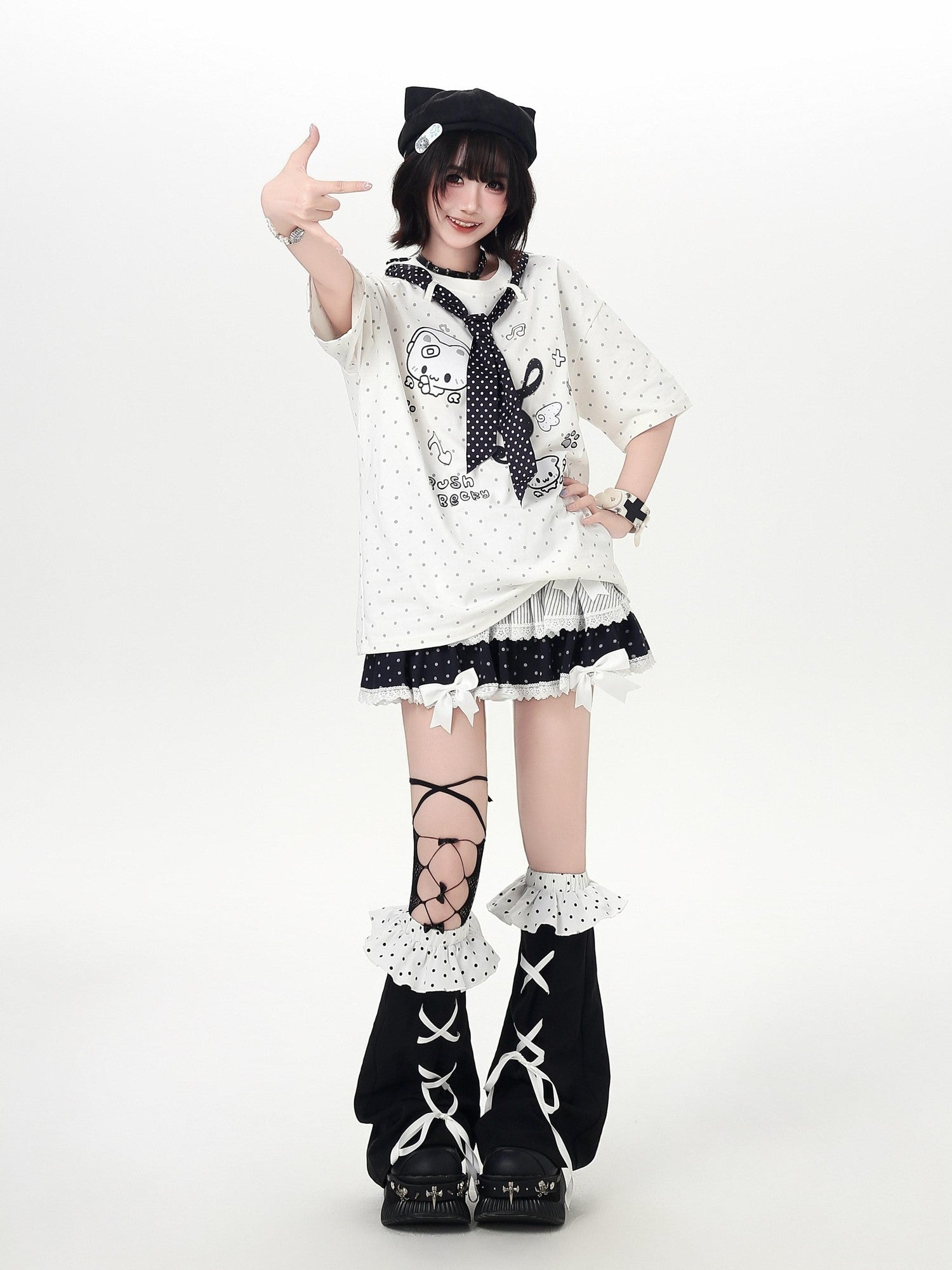 CRAZYGIRL Kitten Polka Dot Tie Oversized Crew Neck Women's Short Sleeve T-shirts