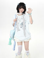 CRAZYGIRL Kitten Polka Dot Tie Oversized Crew Neck Women's Short Sleeve T-shirts