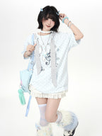 CRAZYGIRL Kitten Polka Dot Tie Oversized Crew Neck Women's Short Sleeve T-shirts