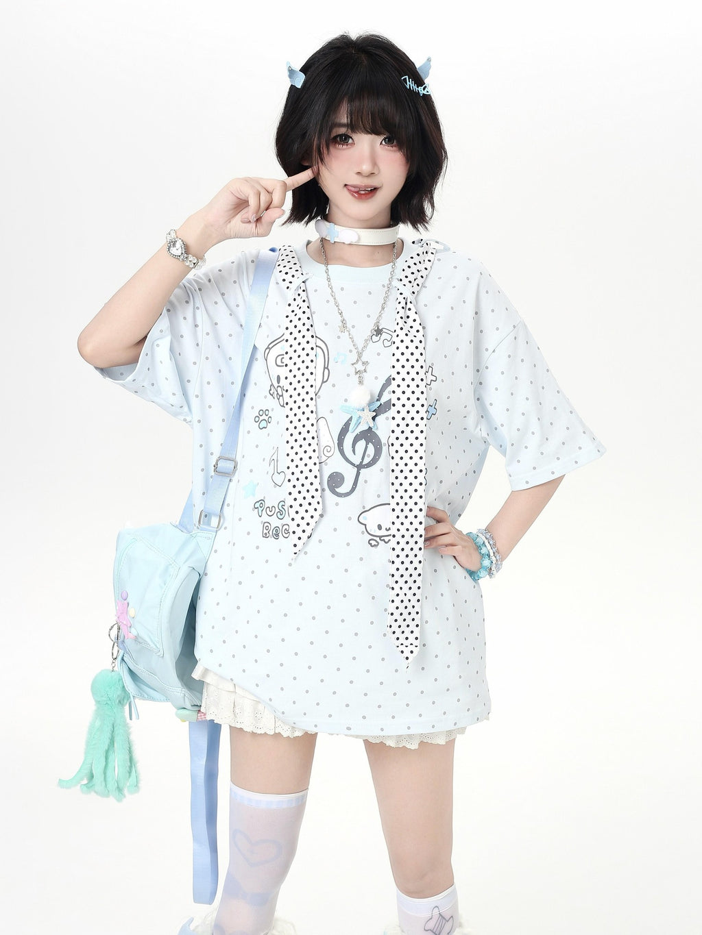 CRAZYGIRL Kitten Polka Dot Tie Oversized Crew Neck Women's Short Sleeve T-shirts