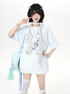 CRAZYGIRL Kitten Polka Dot Tie Oversized Crew Neck Women's Short Sleeve T-shirts