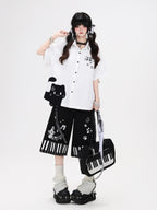 CRAZYGIRL Kitten Print Turn Down Collar Casual Loose Short Sleeve Women's Blouses
