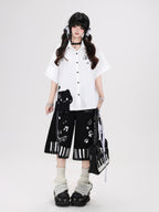 CRAZYGIRL Kitten Print Turn Down Collar Casual Loose Short Sleeve Women's Blouses