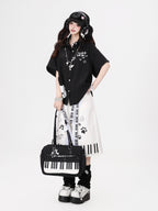 CRAZYGIRL Kitten Print Turn Down Collar Casual Loose Short Sleeve Women's Blouses