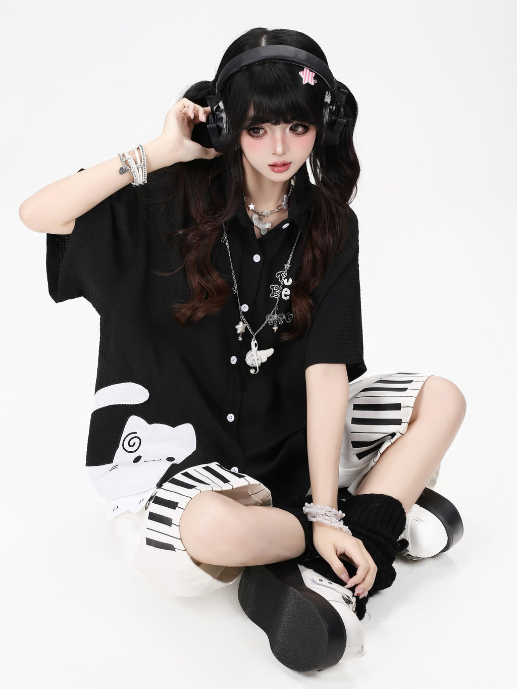 CRAZYGIRL Kitten Print Turn Down Collar Casual Loose Short Sleeve Women's Blouses