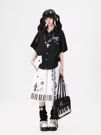CRAZYGIRL Kitten Print Turn Down Collar Casual Loose Short Sleeve Women's Blouses