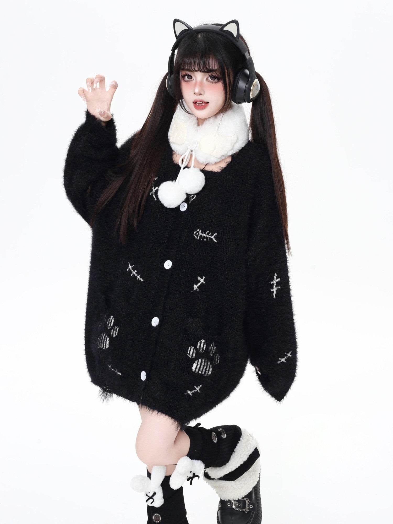 CRAZYGIRL Kitten Two Piece Loose Sweet Women's Knit Thermal Cardigan Vest Cardigans