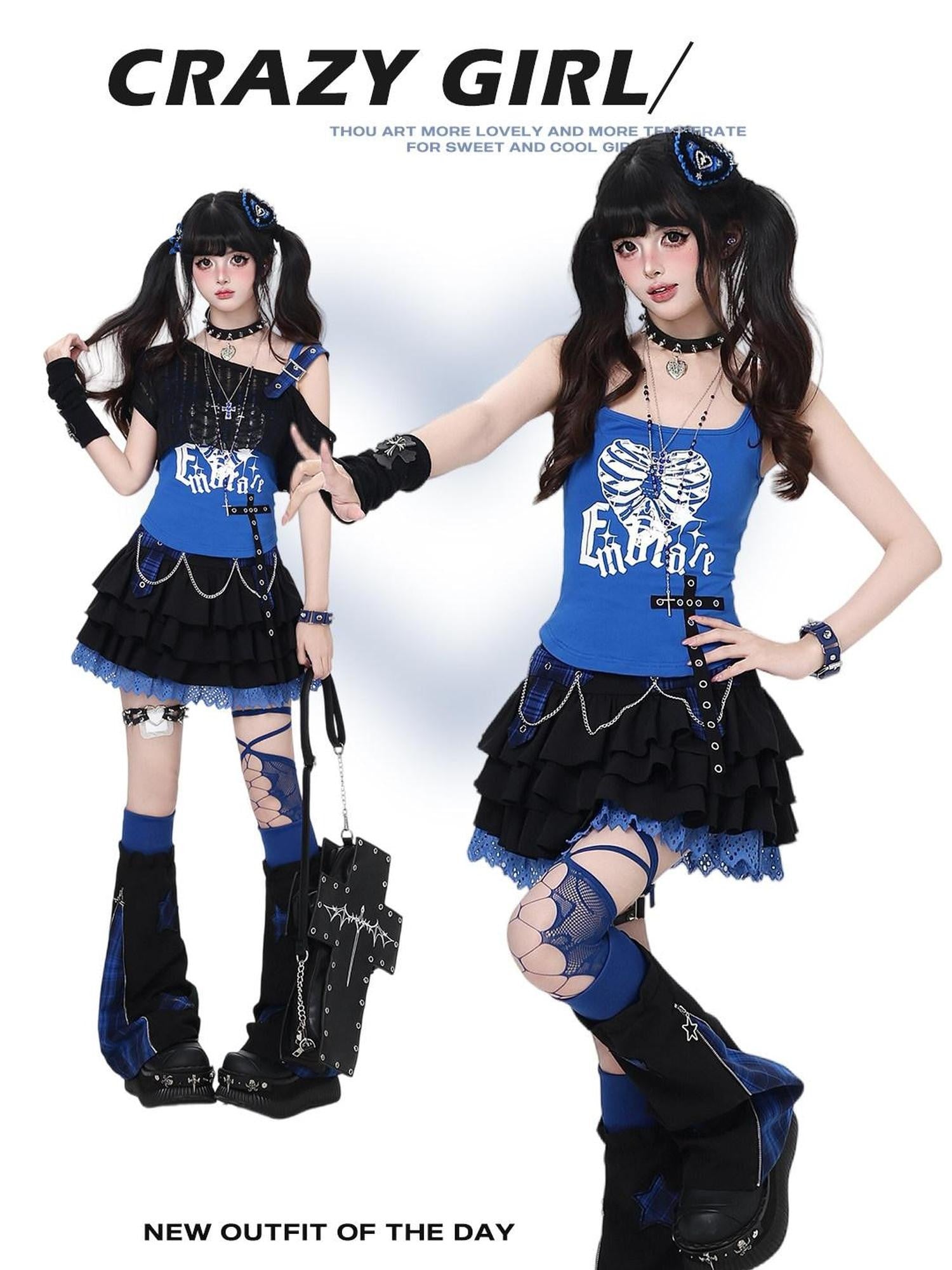 CRAZYGIRL Klein Blue Plaid Patchwork Bow Letter Square Neck Women's Other Fabric Tank Tops