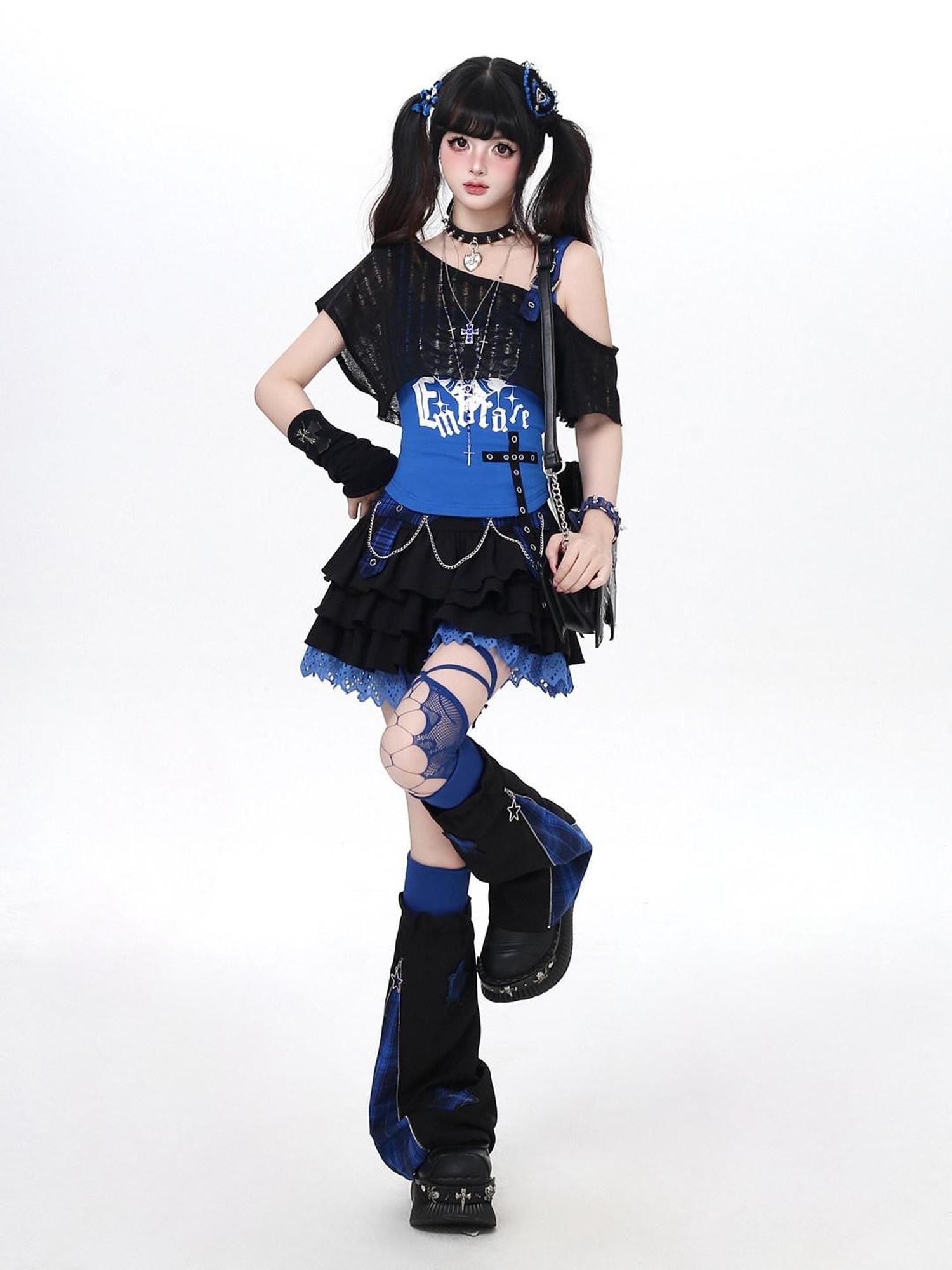CRAZYGIRL Klein Blue Plaid Patchwork Bow Letter Square Neck Women's Other Fabric Tank Tops