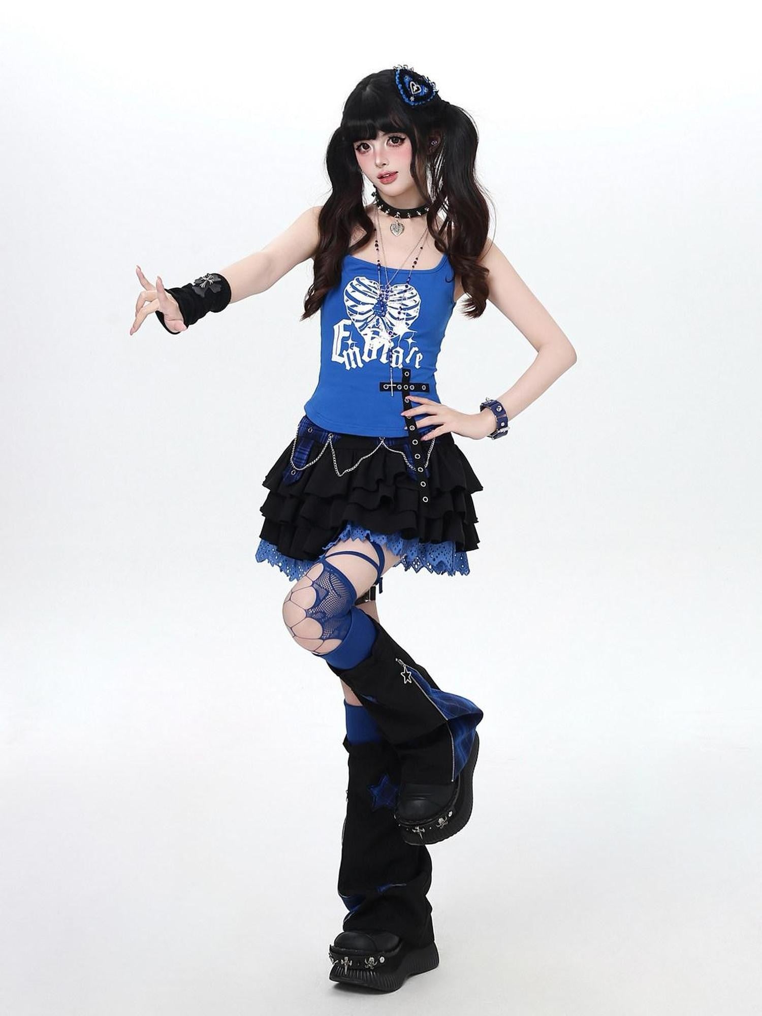 CRAZYGIRL Klein Blue Plaid Patchwork Bow Letter Square Neck Women's Other Fabric Tank Tops
