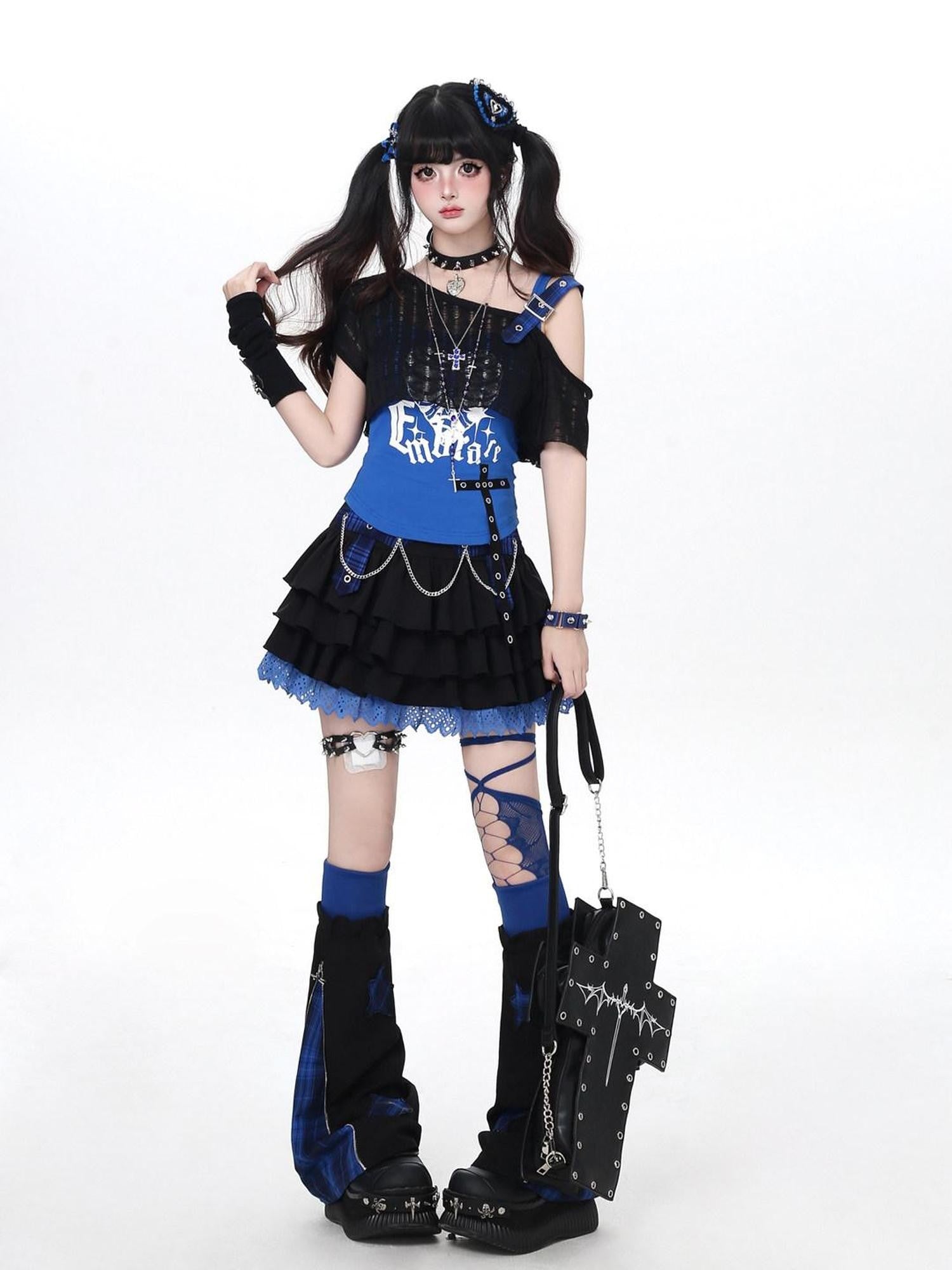 CRAZYGIRL Klein Blue Plaid Patchwork Bow Letter Square Neck Women's Other Fabric Tank Tops