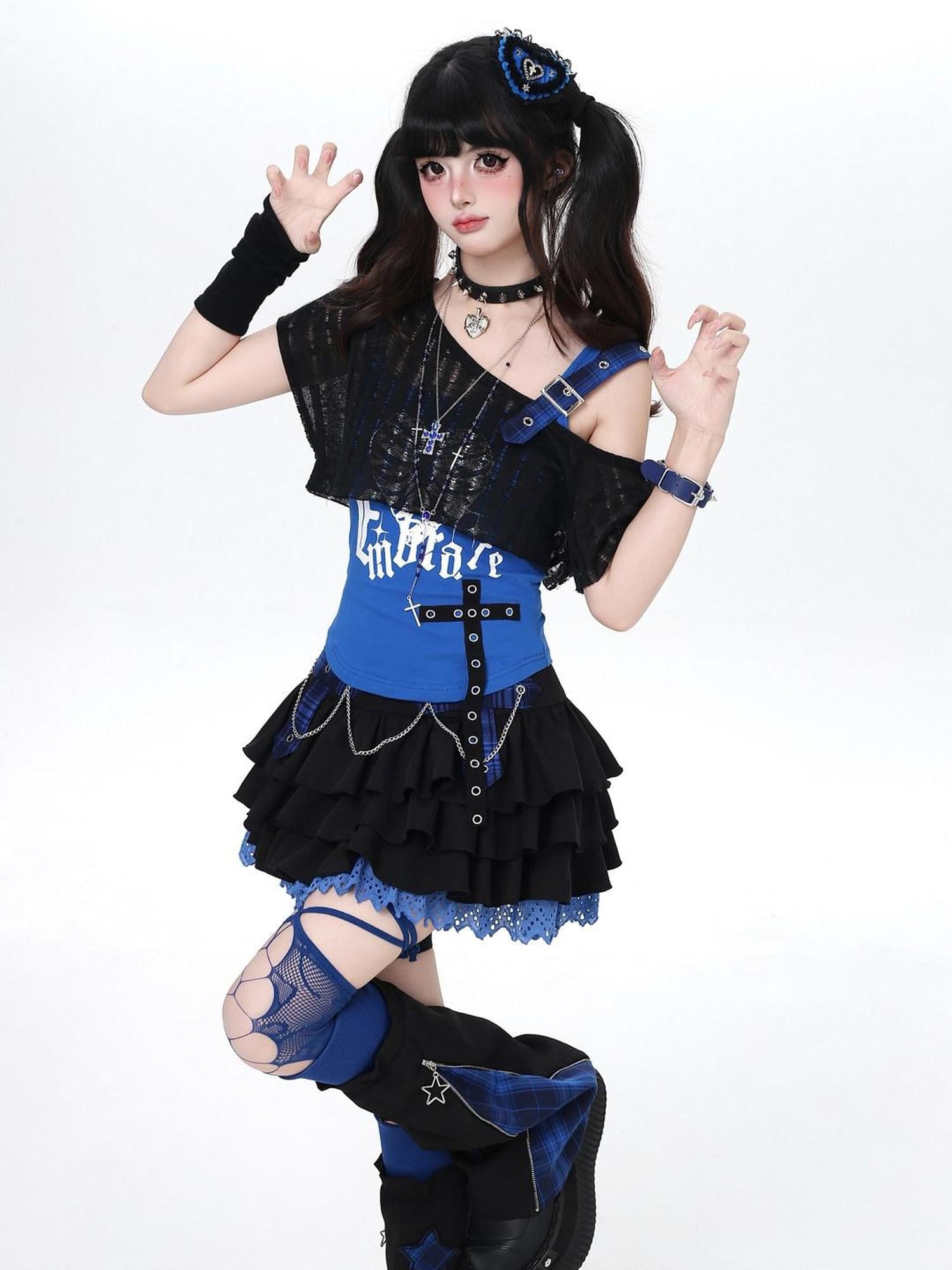 CRAZYGIRL Klein Blue Plaid Patchwork Bow Letter Square Neck Women's Other Fabric Tank Tops
