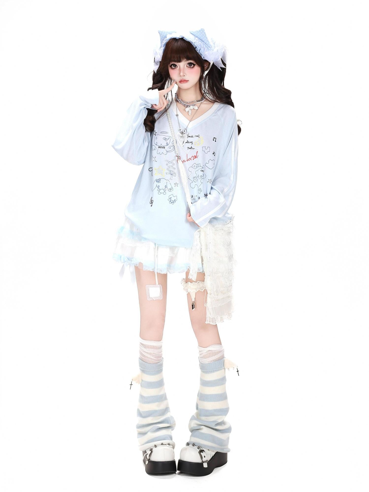 CRAZYGIRL Korean Cute Patchwork V-neck Raglan Loose Women's Long Sleeve T-shirts