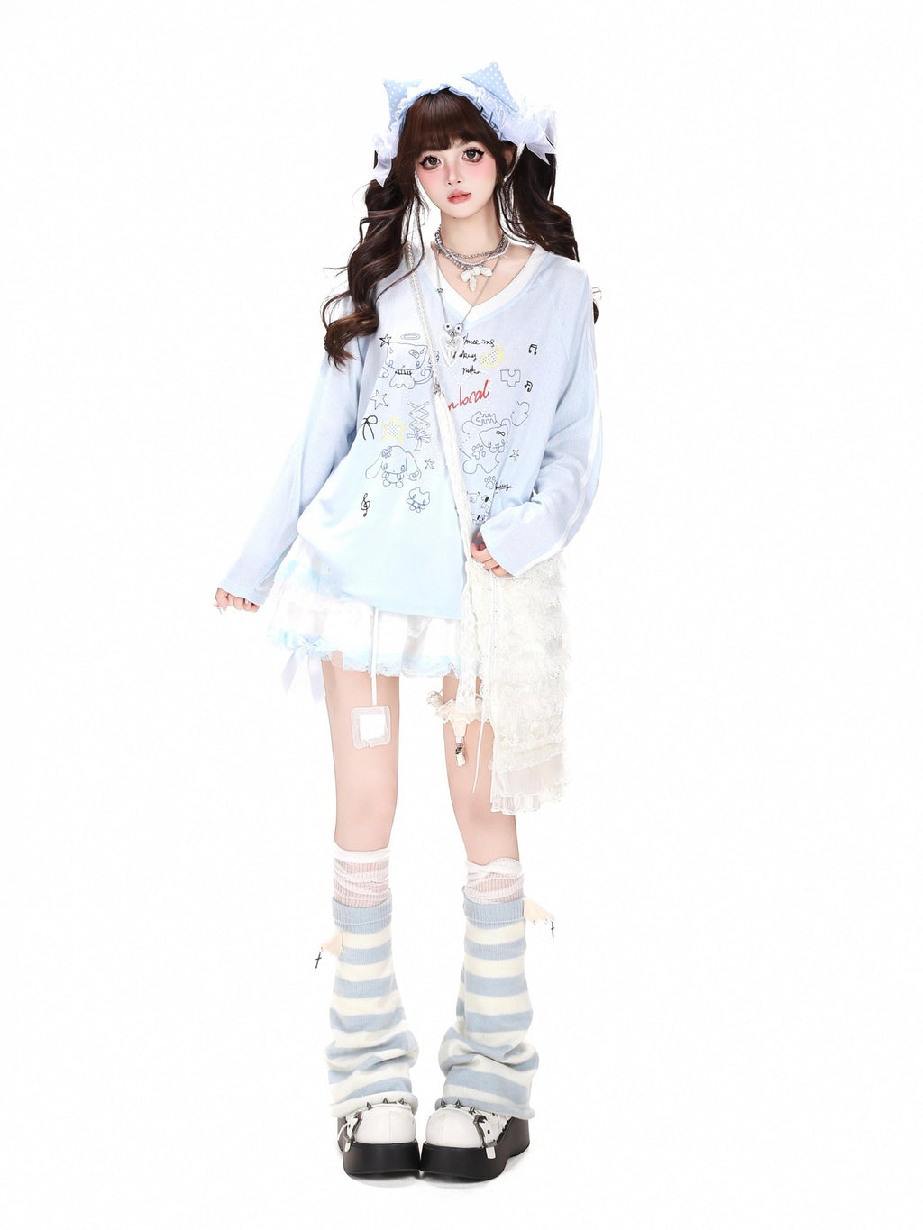 CRAZYGIRL Korean Cute Patchwork V-neck Raglan Loose Women's Long Sleeve T-shirts