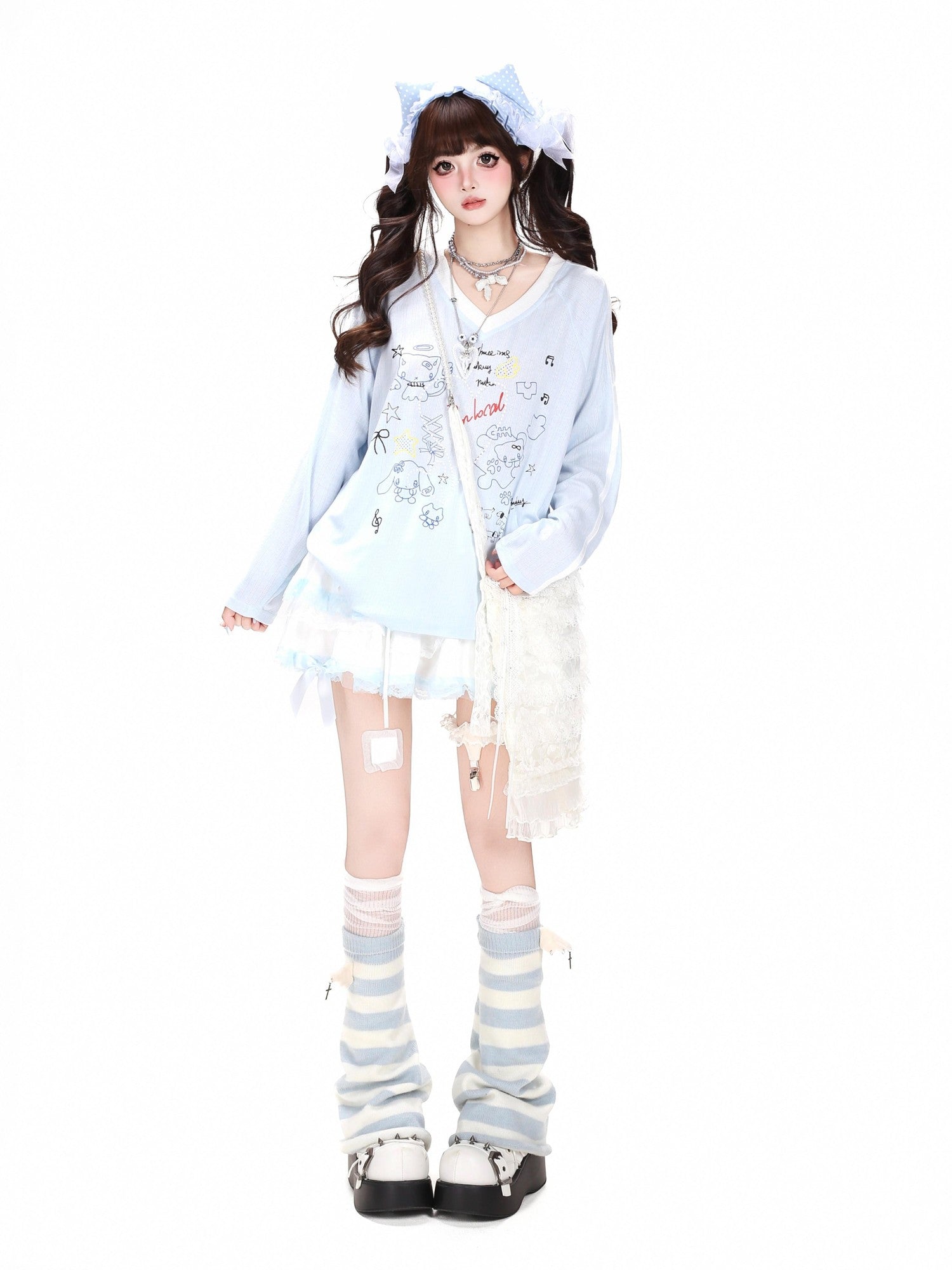 CRAZYGIRL Korean Cute Patchwork V-neck Raglan Loose Women's Long Sleeve T-shirts