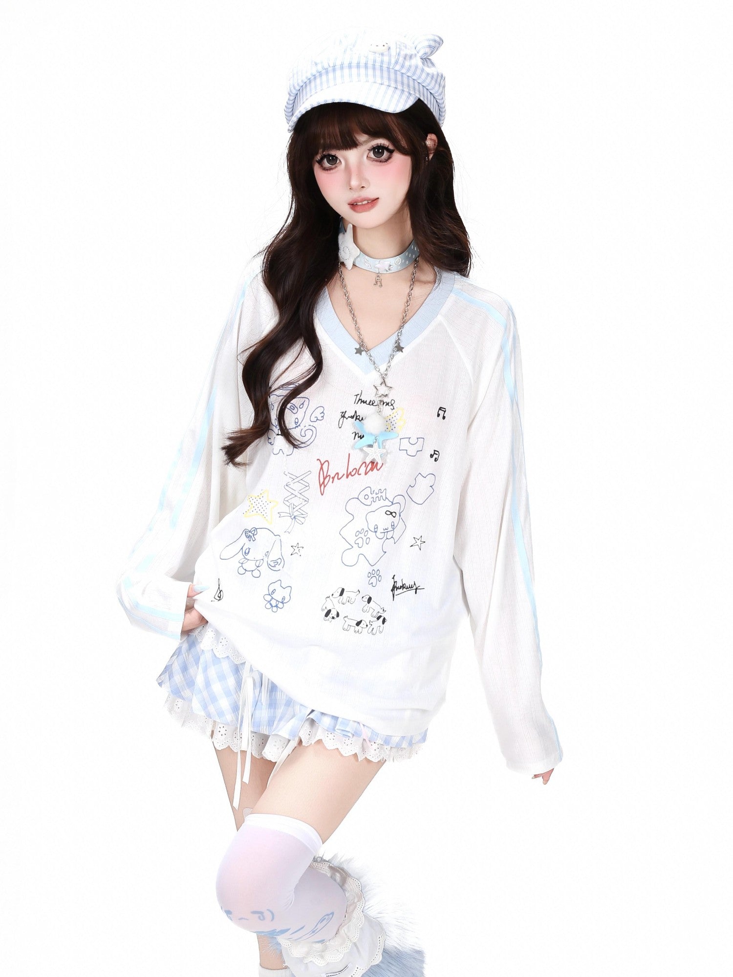 CRAZYGIRL Korean Cute Patchwork V-neck Raglan Loose Women's Long Sleeve T-shirts