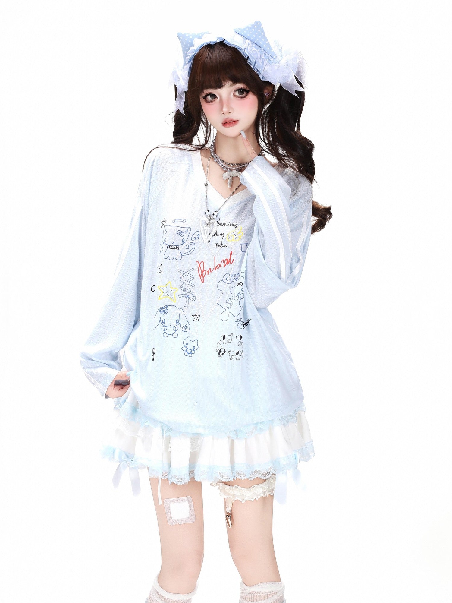 CRAZYGIRL Korean Cute Patchwork V-neck Raglan Loose Women's Long Sleeve T-shirts