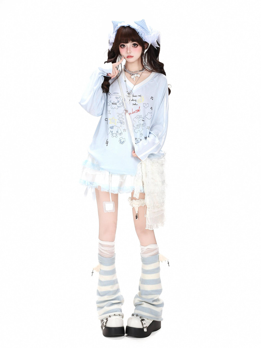 CRAZYGIRL Korean Cute Patchwork V-neck Raglan Loose Women's Long Sleeve T-shirts