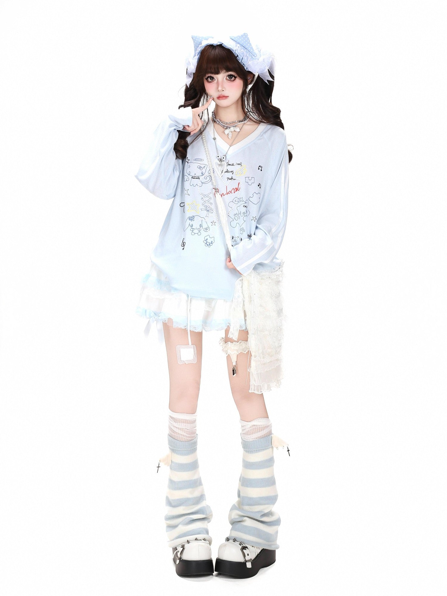 CRAZYGIRL Korean Cute Patchwork V-neck Raglan Loose Women's Long Sleeve T-shirts