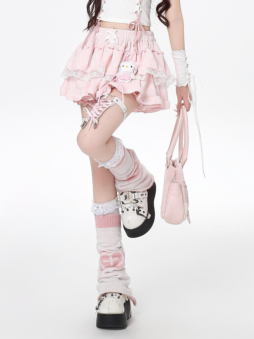 CRAZYGIRL Kt Cartoon Lace Bow High Waist Elastic Puff Cake Women's Mini Skirts