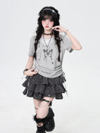 CRAZYGIRL Lace Applique V-neck Fitted Cropped Women's Cotton Blend Short Sleeve T-shirts