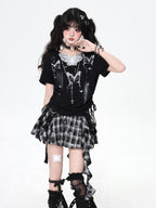 CRAZYGIRL Lace Applique V-neck Fitted Cropped Women's Cotton Blend Short Sleeve T-shirts