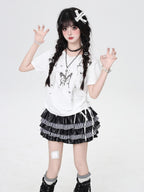 CRAZYGIRL Lace Applique V-neck Fitted Cropped Women's Cotton Blend Short Sleeve T-shirts
