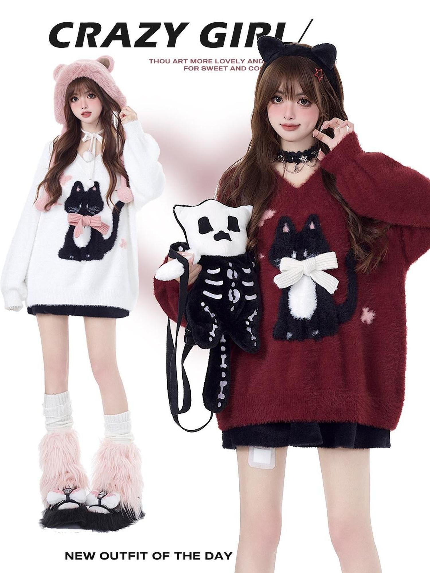 CRAZYGIRL Lazy Cat Jacquard Bow Round Neck Loose Fit Women's Soft Plush Knit Sweaters