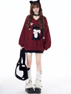 CRAZYGIRL Lazy Cat Jacquard Bow Round Neck Loose Fit Women's Soft Plush Knit Sweaters